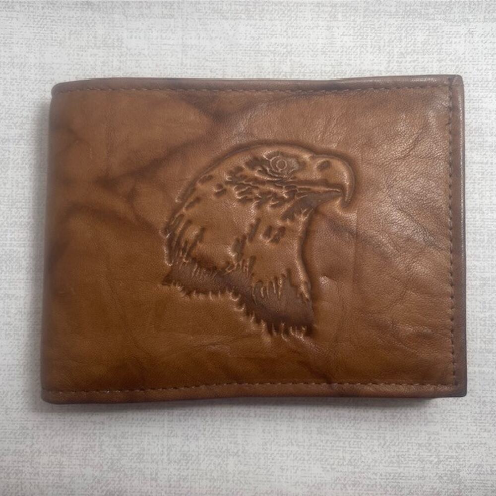 Vintage Eagle Embossed Genuine Rico Cowhide Brown Leather Bifold Wallet